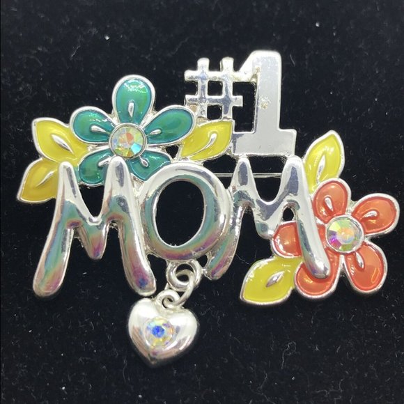 MOM AB Crystals Heart Flower‎ Pin Brooch - Picture 1 of 4